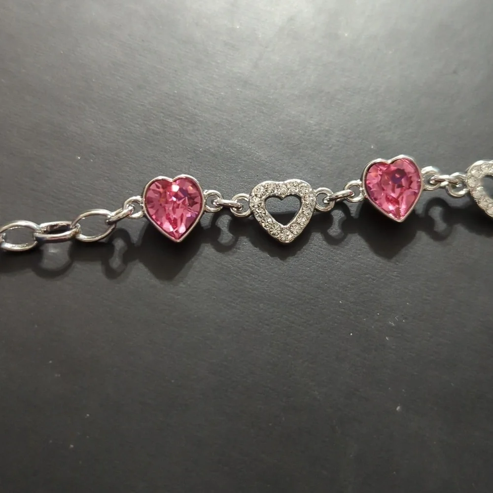 Silver Tone Pink and Clear Rhinestone Heart Shape Statement Bracelet